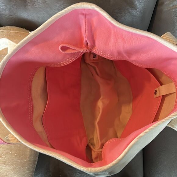 Land's End Large Zippered Canvas Tote pockets Pink Trim initials Pai Long Handle - Picture 4 of 10